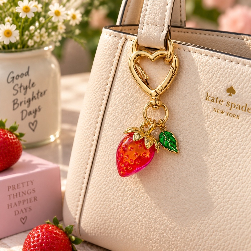Strawberry Bag Charm Red Pink Resin Heart Clasp Keychain Gold Tone New